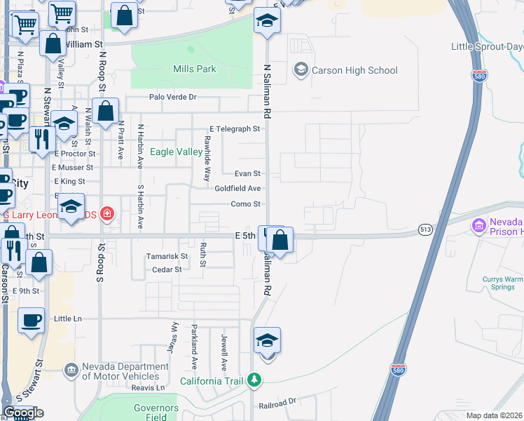 map of restaurants, bars, coffee shops, grocery stores, and more near 408 South Saliman Road in Carson City