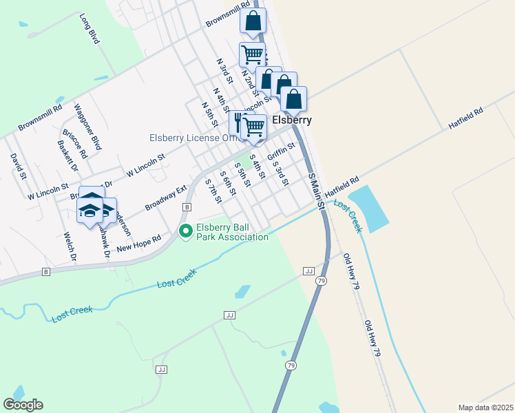 map of restaurants, bars, coffee shops, grocery stores, and more near 405 Pin Oak Park Drive in Elsberry