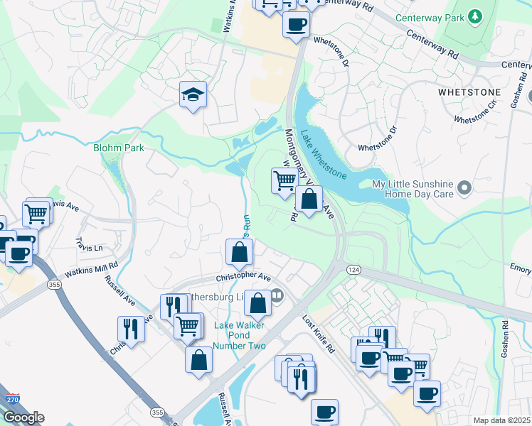 map of restaurants, bars, coffee shops, grocery stores, and more near 9920 Walker House Road in Montgomery Village