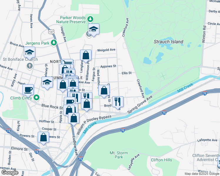map of restaurants, bars, coffee shops, grocery stores, and more near 4170 Chambers Street in Cincinnati
