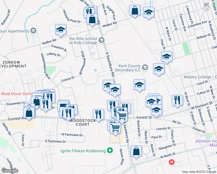 map of restaurants, bars, coffee shops, grocery stores, and more near 150 Saulsbury Road in Dover