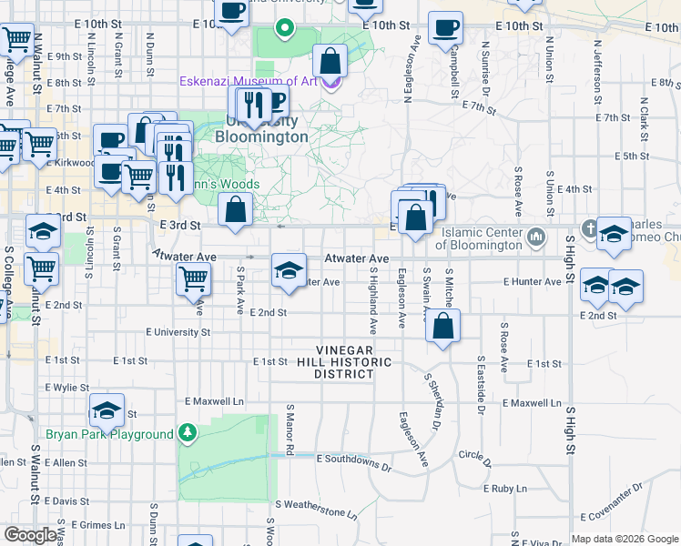 map of restaurants, bars, coffee shops, grocery stores, and more near 501 South Hawthorne Drive in Bloomington