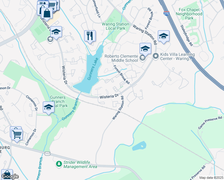 map of restaurants, bars, coffee shops, grocery stores, and more near 18704 Caledonia Court in Germantown