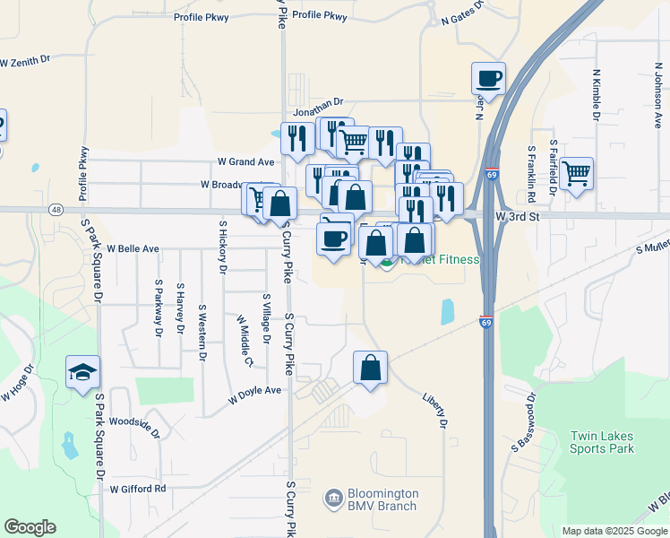 map of restaurants, bars, coffee shops, grocery stores, and more near 500 Liberty Drive in Bloomington