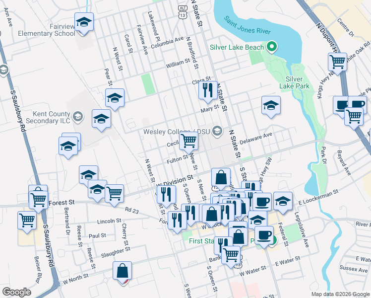map of restaurants, bars, coffee shops, grocery stores, and more near 101 North Queen Street in Dover