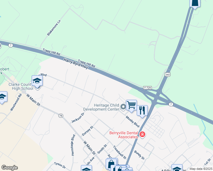 map of restaurants, bars, coffee shops, grocery stores, and more near 450 Mosby Boulevard in Berryville