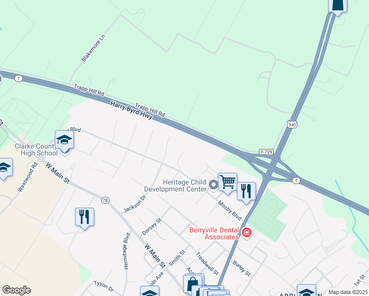 map of restaurants, bars, coffee shops, grocery stores, and more near 450 Mosby Boulevard in Berryville