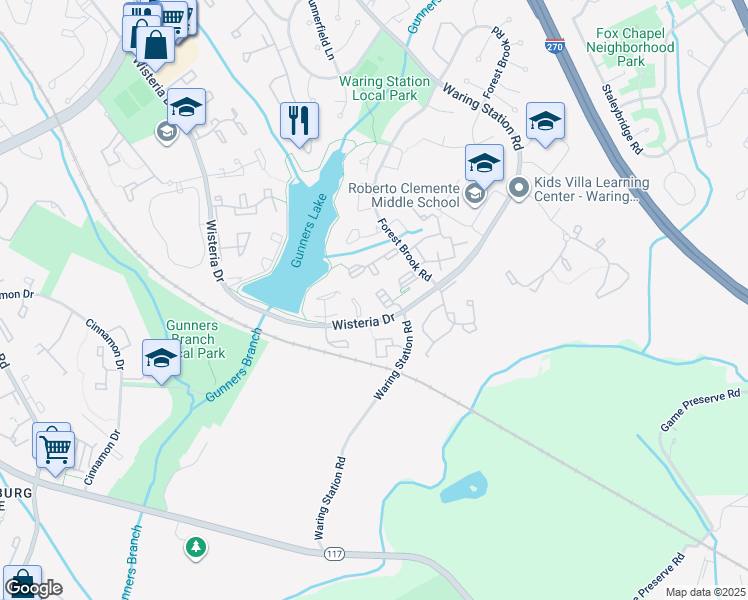 map of restaurants, bars, coffee shops, grocery stores, and more near 18704 Caledonia Court in Germantown
