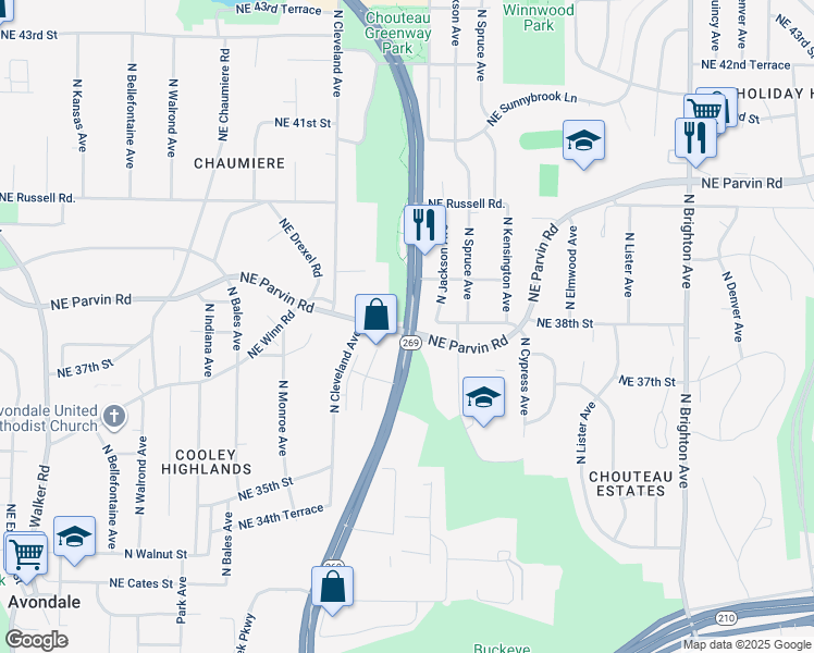 map of restaurants, bars, coffee shops, grocery stores, and more near Chouteau Parkway in Kansas City