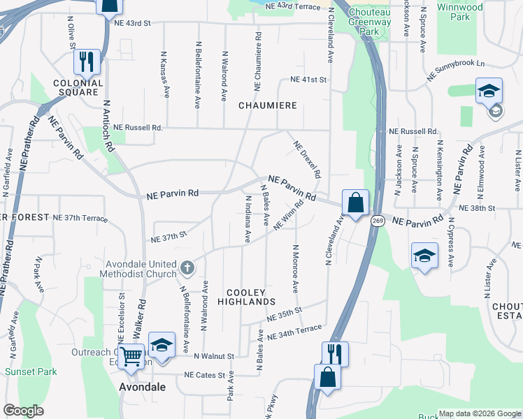 map of restaurants, bars, coffee shops, grocery stores, and more near 3709 North Bales Avenue in Kansas City