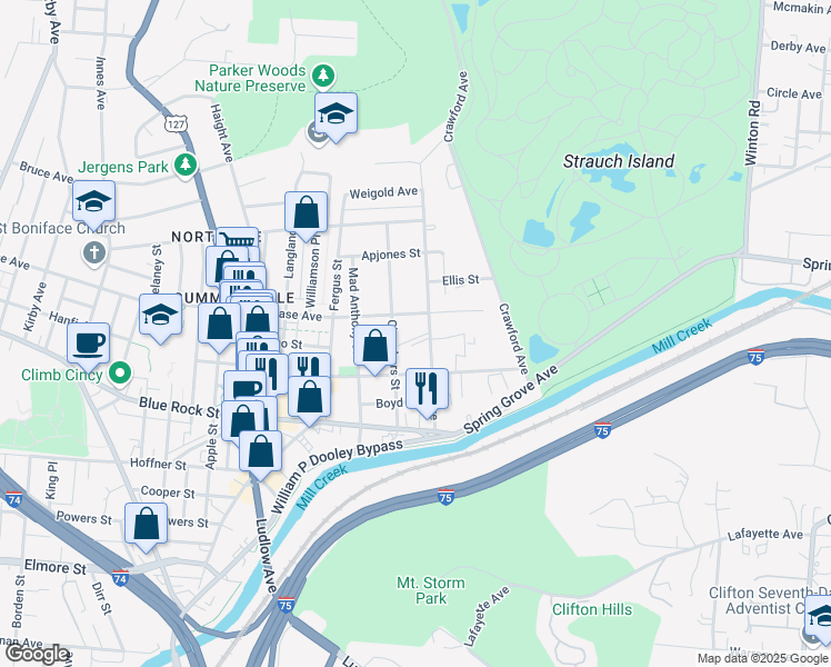 map of restaurants, bars, coffee shops, grocery stores, and more near 1310 Vandalia Avenue in Cincinnati