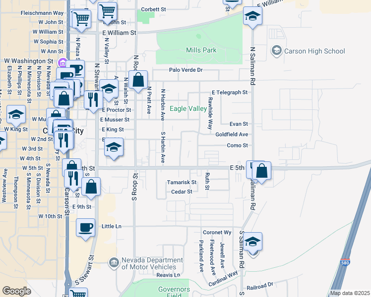 map of restaurants, bars, coffee shops, grocery stores, and more near 401 Allouette Way in Carson City