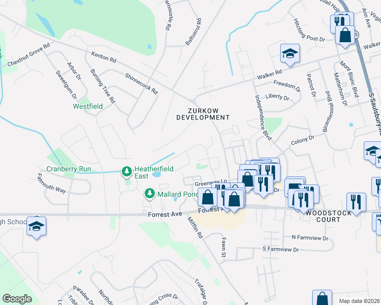 map of restaurants, bars, coffee shops, grocery stores, and more near 262 North Caroline Place in Dover