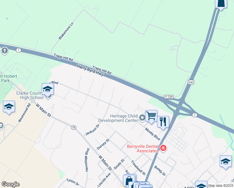 map of restaurants, bars, coffee shops, grocery stores, and more near 56 Wilson Drive in Berryville