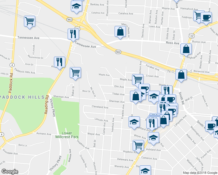 map of restaurants, bars, coffee shops, grocery stores, and more near 1812 Tilden Avenue in Norwood