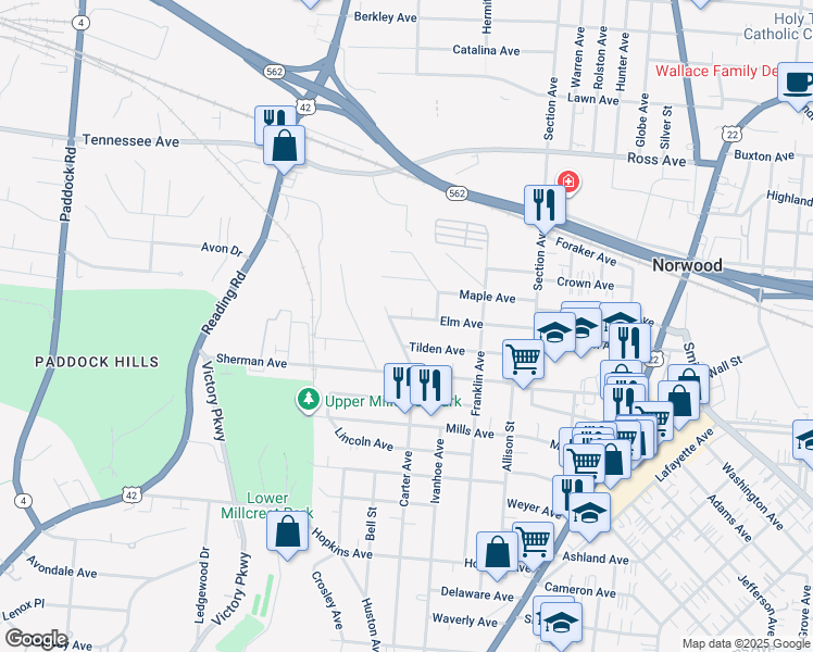 map of restaurants, bars, coffee shops, grocery stores, and more near 1812 Tilden Avenue in Norwood