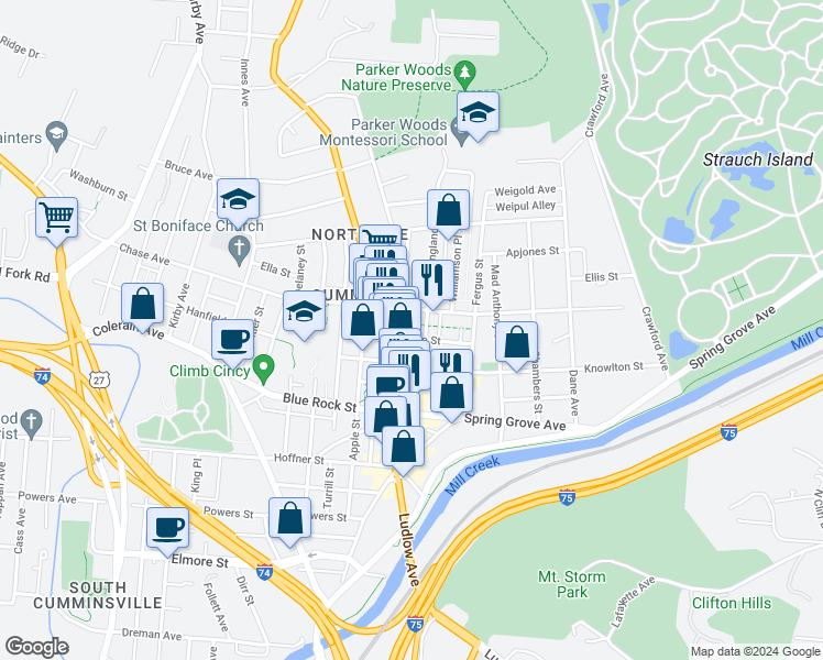 map of restaurants, bars, coffee shops, grocery stores, and more near 4135 Langland Street in Cincinnati