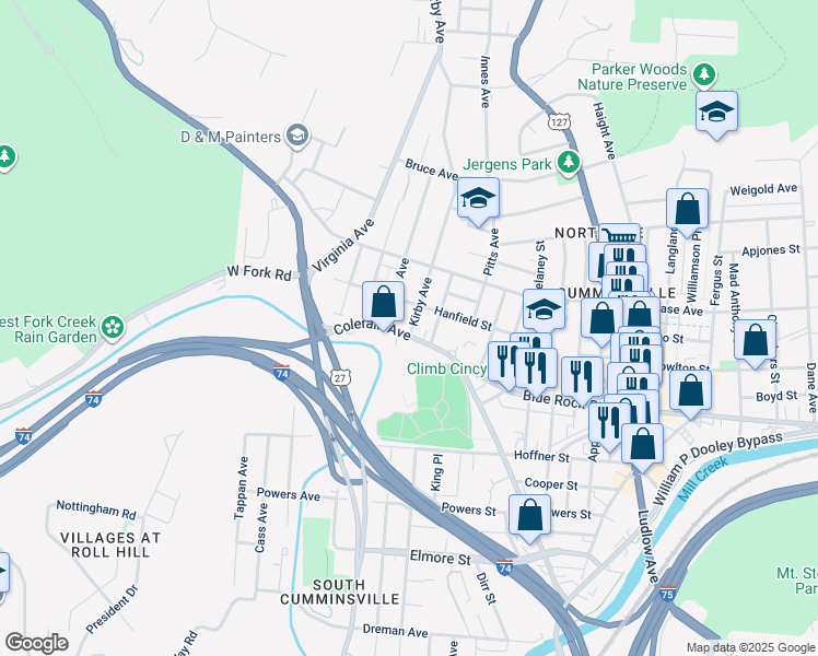 map of restaurants, bars, coffee shops, grocery stores, and more near 4215 Colerain Avenue in Cincinnati
