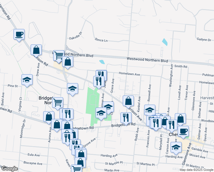 map of restaurants, bars, coffee shops, grocery stores, and more near 4290 Harrison Avenue in Cincinnati