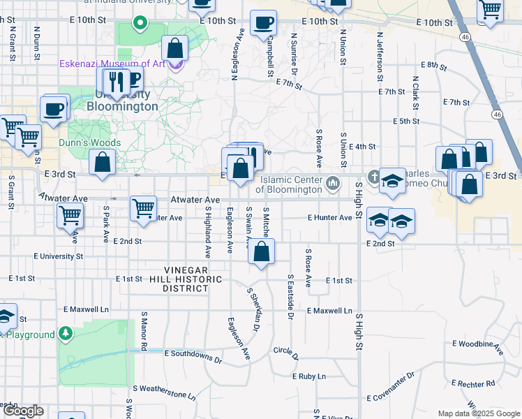 map of restaurants, bars, coffee shops, grocery stores, and more near 501 South Mitchell Street in Bloomington