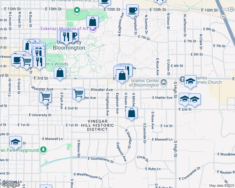 map of restaurants, bars, coffee shops, grocery stores, and more near 1310 East Hunter Avenue in Bloomington