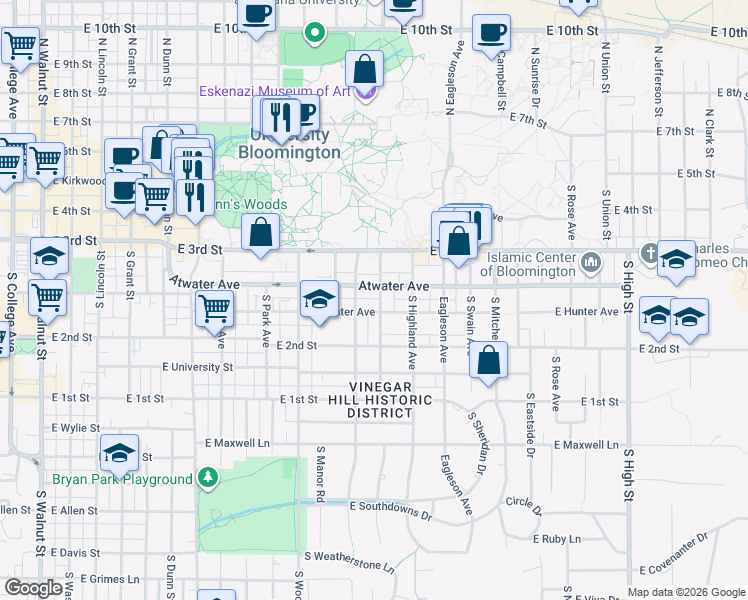 map of restaurants, bars, coffee shops, grocery stores, and more near 501 South Hawthorne Drive in Bloomington
