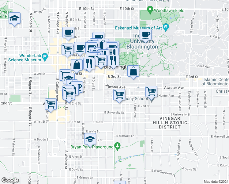 map of restaurants, bars, coffee shops, grocery stores, and more near 422 South Henderson Street in Bloomington
