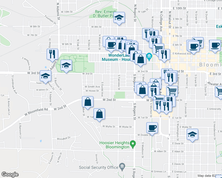 map of restaurants, bars, coffee shops, grocery stores, and more near 508 South Maple Street in Bloomington