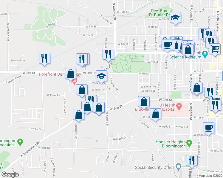 map of restaurants, bars, coffee shops, grocery stores, and more near 545 South Adams Street in Bloomington