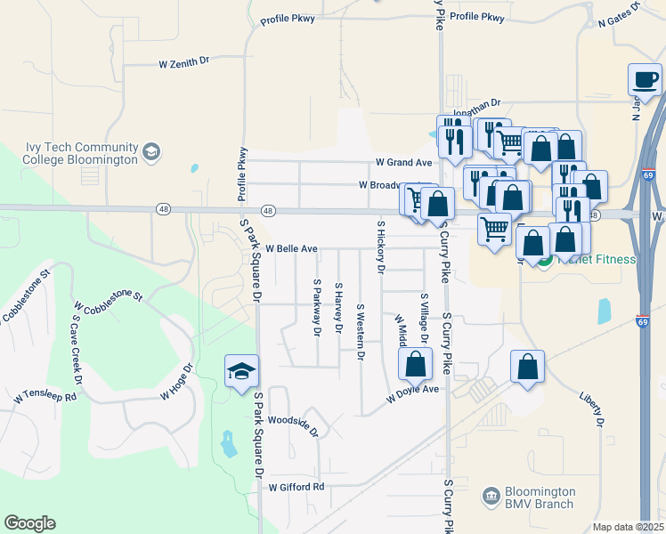 map of restaurants, bars, coffee shops, grocery stores, and more near 519 South Harvey Drive in Bloomington