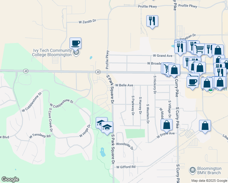 map of restaurants, bars, coffee shops, grocery stores, and more near 513 South Park Square Drive in Bloomington