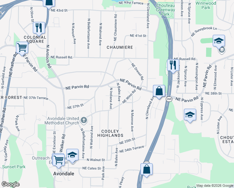 map of restaurants, bars, coffee shops, grocery stores, and more near 3709 North Bales Avenue in Kansas City