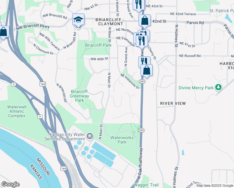 map of restaurants, bars, coffee shops, grocery stores, and more near 3636 North Walnut Street in Kansas City