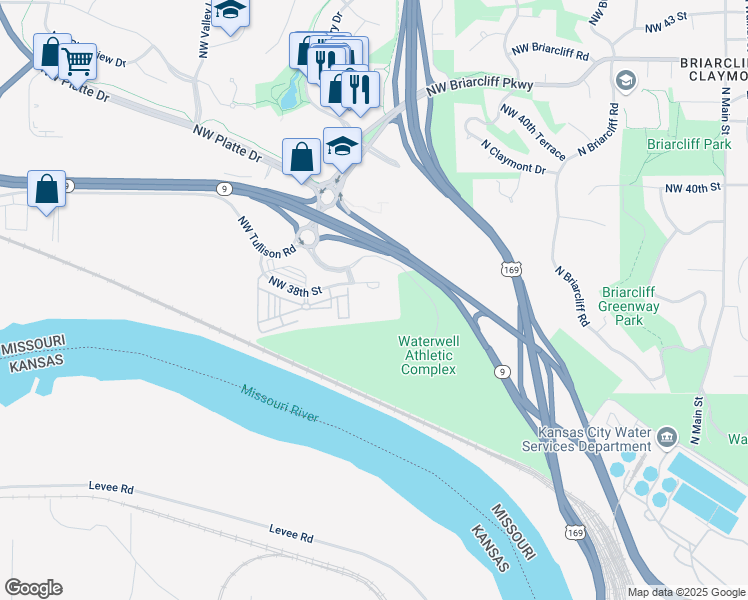 map of restaurants, bars, coffee shops, grocery stores, and more near 1201 Northwest Tullison Road in Kansas City