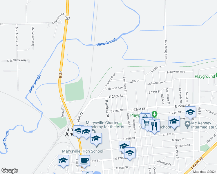 map of restaurants, bars, coffee shops, grocery stores, and more near 107 Johnson Avenue in Marysville