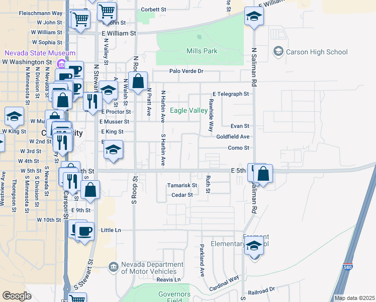 map of restaurants, bars, coffee shops, grocery stores, and more near 259 Allouette Way in Carson City