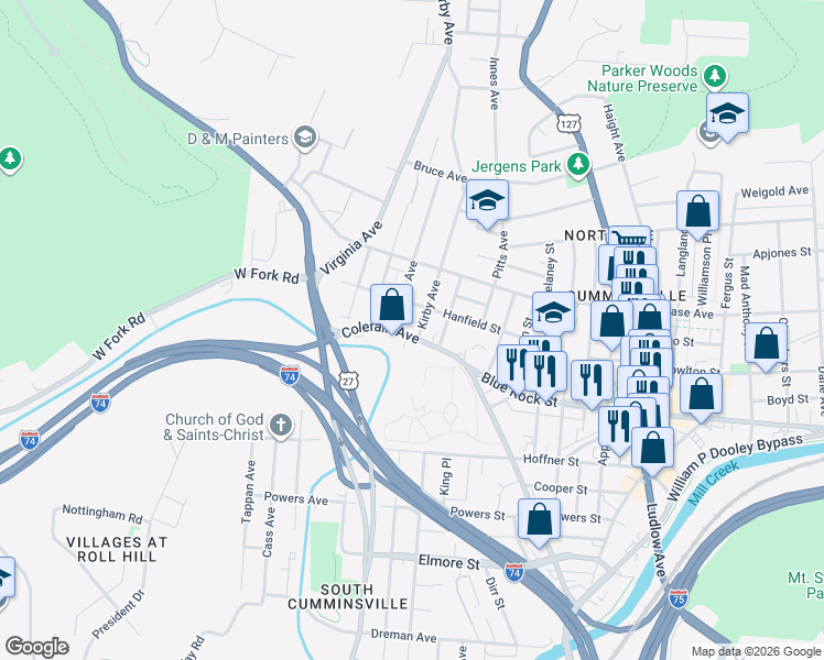 map of restaurants, bars, coffee shops, grocery stores, and more near 4215 Colerain Avenue in Cincinnati