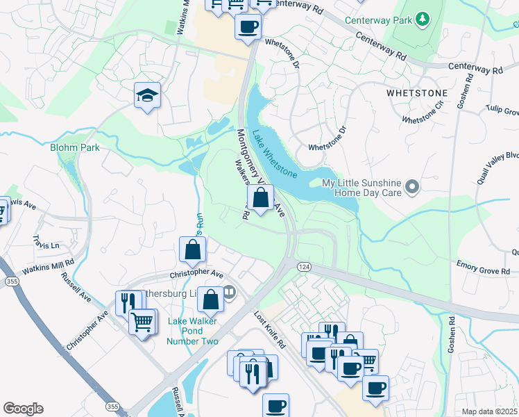 map of restaurants, bars, coffee shops, grocery stores, and more near 18701 Walkers Choice Road in Montgomery Village