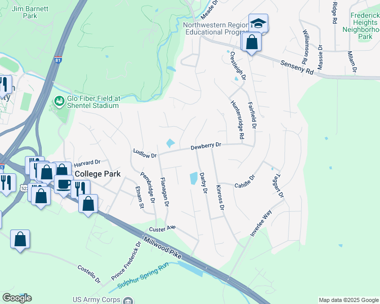 map of restaurants, bars, coffee shops, grocery stores, and more near 203 Dewberry Drive in Winchester