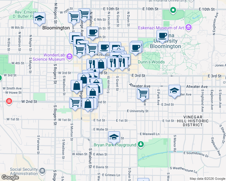 map of restaurants, bars, coffee shops, grocery stores, and more near 420 South Grant Street in Bloomington