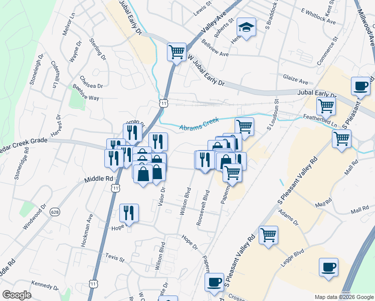 map of restaurants, bars, coffee shops, grocery stores, and more near 216 Weems Lane in Winchester