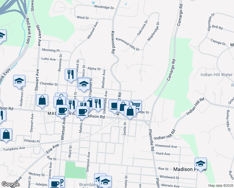 map of restaurants, bars, coffee shops, grocery stores, and more near in Cincinnati
