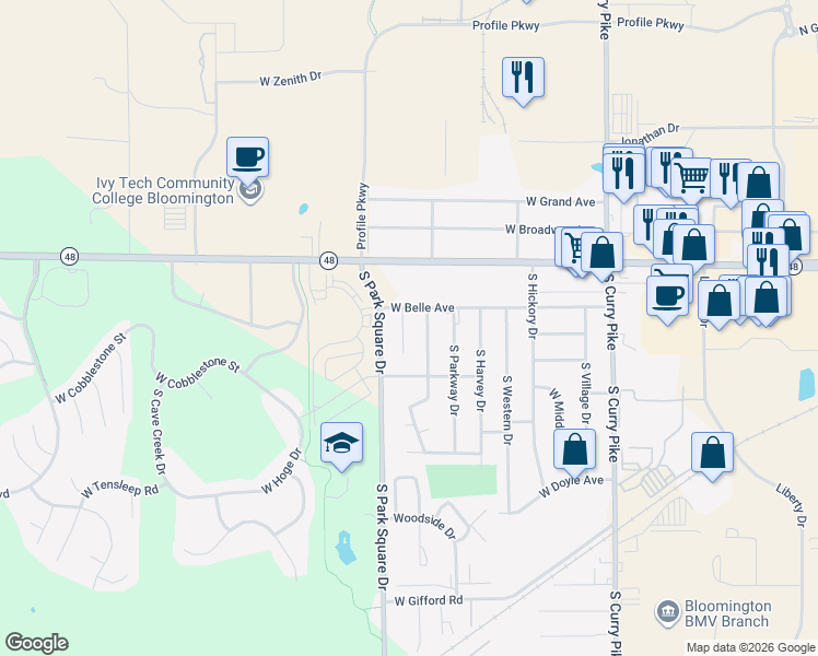 map of restaurants, bars, coffee shops, grocery stores, and more near 509 South Village Court in Bloomington