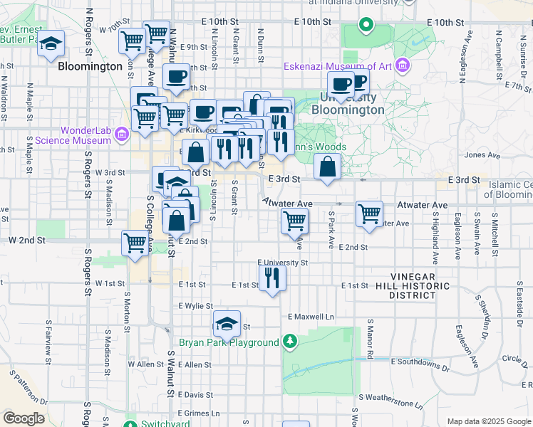 map of restaurants, bars, coffee shops, grocery stores, and more near 422 South Henderson Street in Bloomington