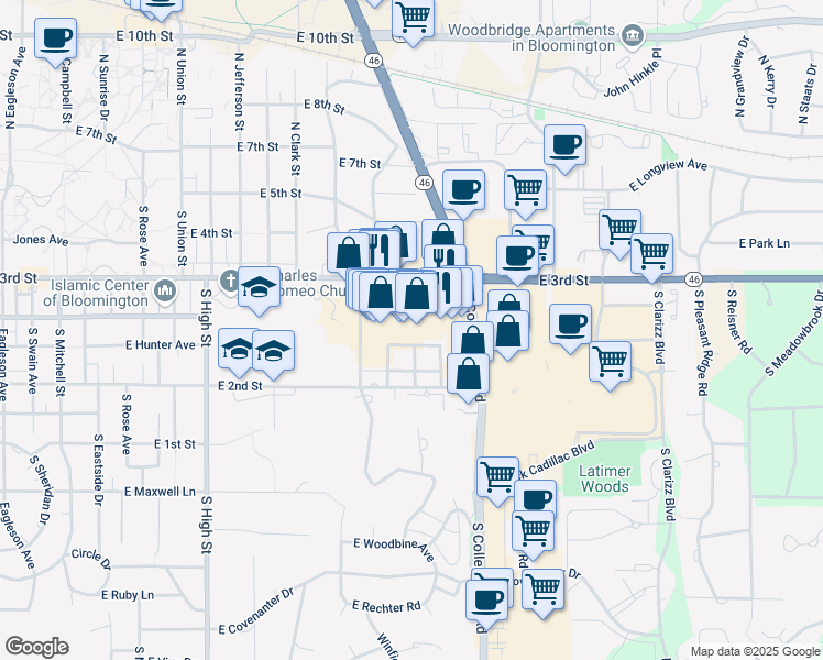 map of restaurants, bars, coffee shops, grocery stores, and more near 2623 East 2nd Street in Bloomington