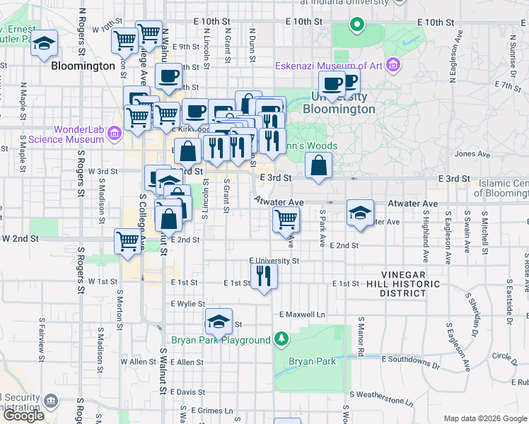 map of restaurants, bars, coffee shops, grocery stores, and more near 400 South Henderson Street in Bloomington
