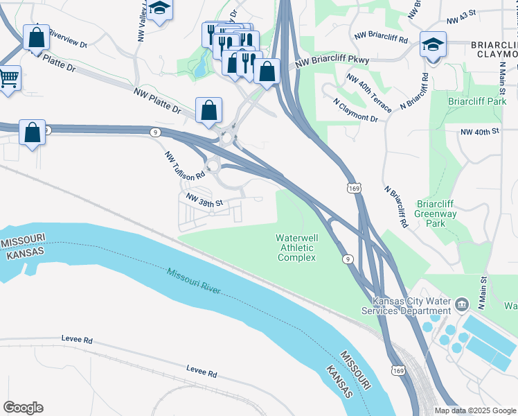 map of restaurants, bars, coffee shops, grocery stores, and more near 1201 Northwest Tullison Road in Kansas City