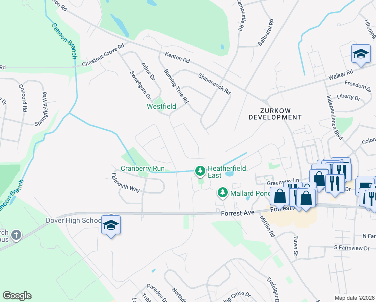 map of restaurants, bars, coffee shops, grocery stores, and more near 232 Pebble Valley Drive in Dover