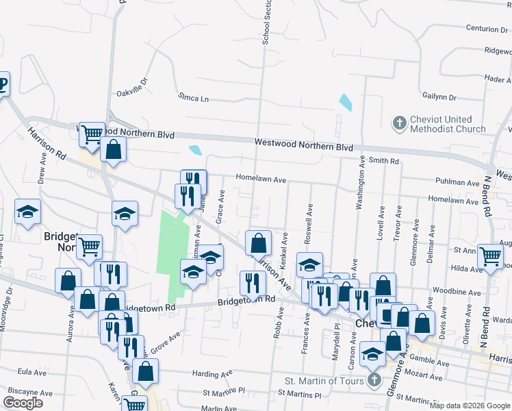 map of restaurants, bars, coffee shops, grocery stores, and more near 3940 School Section Road in Cincinnati