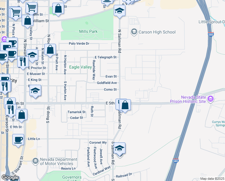 map of restaurants, bars, coffee shops, grocery stores, and more near 400 South Saliman Road in Carson City